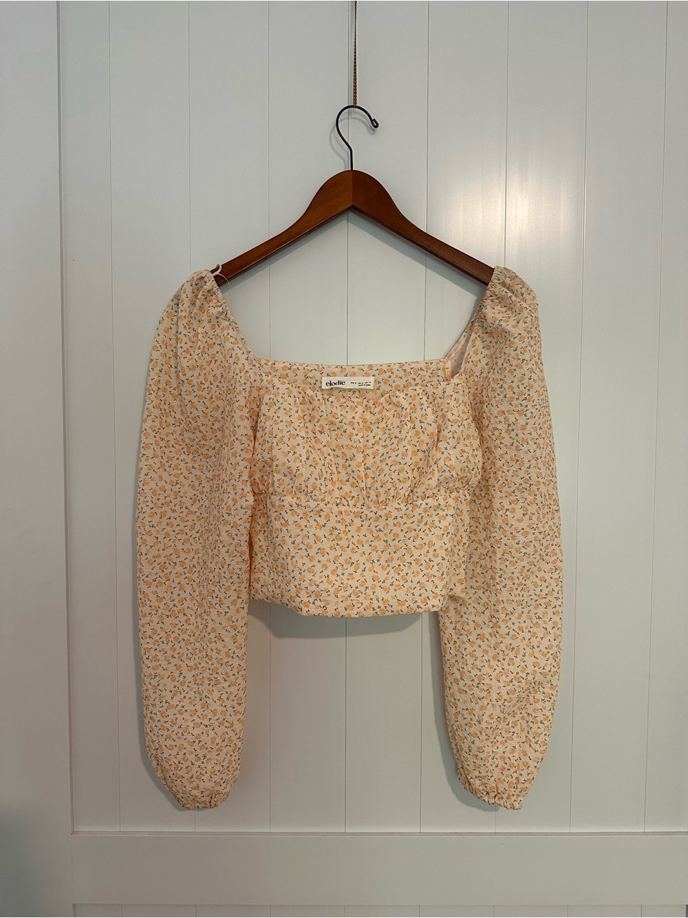 Elodie Peach Floral Puff-Sleeve Square Neck Crop Top